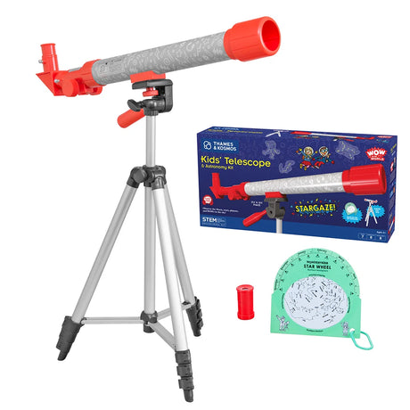 Kids' Telescope & Astronomy Kit with red telescope, tripod, star wheel, and accessories