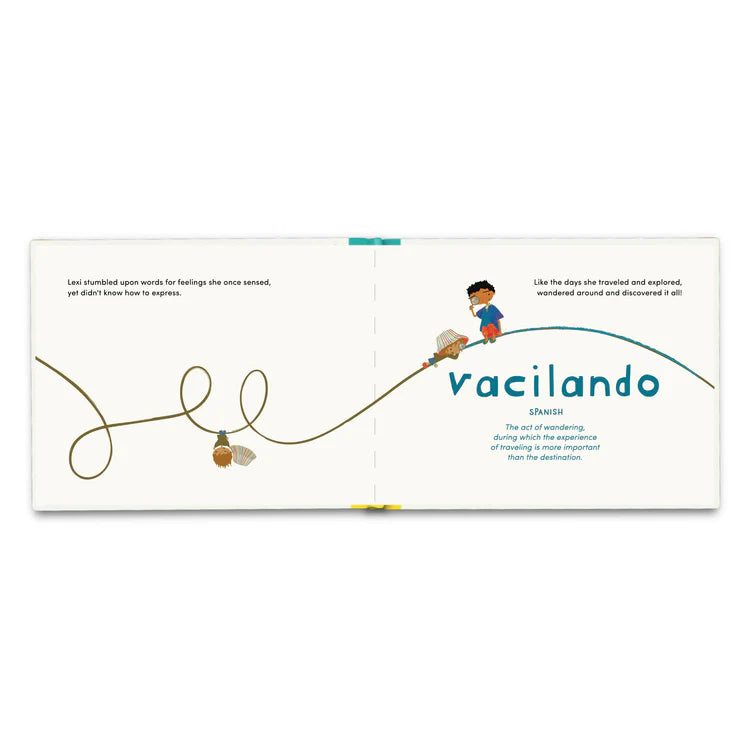 Open book featuring one untranslatable word in Spanish. Includes a definition in English and a cute cartoon depiction.