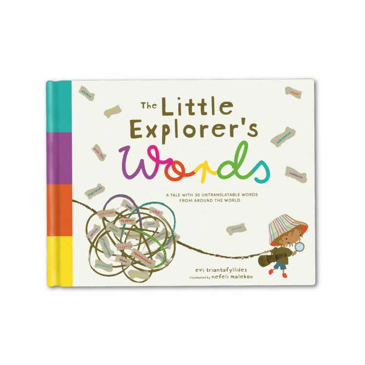 Cover of a book titled "The Little Explorer's Words: A Tale with 30 Untranslatable Words From Around the World". Suitable for ages 3 and up.