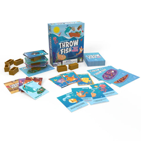 Throw Fish game set with colorful fish cards, boats, and playful sea creatures for family fun and easy gameplay.