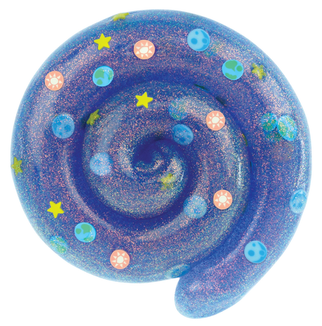 Cosmic Glows Total Eclipse Thinking Putty with sparkling galaxy design and multicolored glow pieces in a spiral shape.