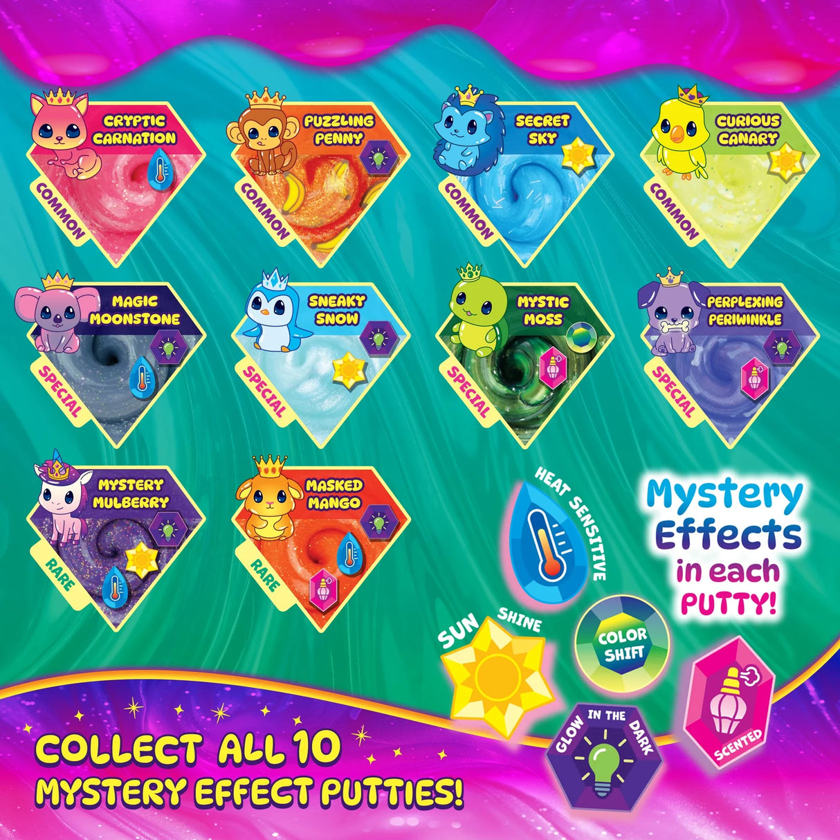 Colorful display of 10 Treasure Reveal Thinking Putty designs with unique mystery effects and playful character icons on each label