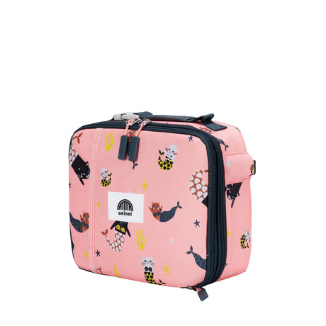 Lunch Bag | Swimming Mercats with insulated padding, expandable compartments, removable divider, and strong metal zipper in pink design
