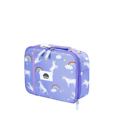 Lunch Bag | Rainbow Unicorn with PEVA insulation, expandable compartments, removable divider, and metal zippers for durability.