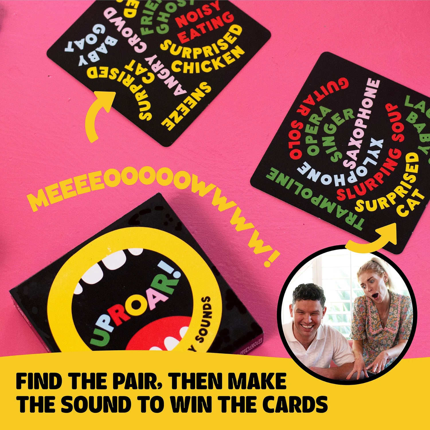 Uproar! card game with colorful word cards on pink background and players making silly sounds to win.