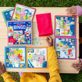 USA Bingo board game with children matching colorful cards at a table