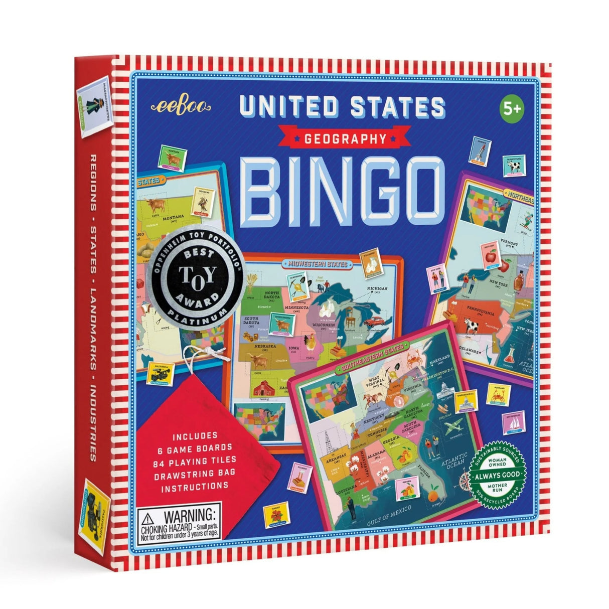 USA Bingo geography game box featuring colorful United States maps and bingo cards