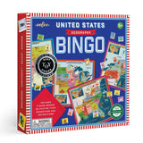 USA Bingo geography game box featuring colorful United States maps and bingo cards