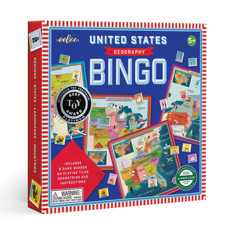 USA Bingo geography game box featuring colorful United States maps and bingo cards