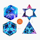 Holographic puzzle cube transforming into various shapes with vibrant blue and purple patterns on a white background.