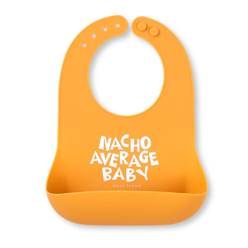 Orange baby bib with catch pocket and playful "Nacho Average Baby" text on front for mess-free feeding.
