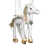 Marionette Small | White Pegasus string puppet with gold hooves and iridescent wings, designed for hopping and dancing.