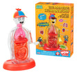 Transparent human body model toy with colorful organs and red base next to bright educational box packaging