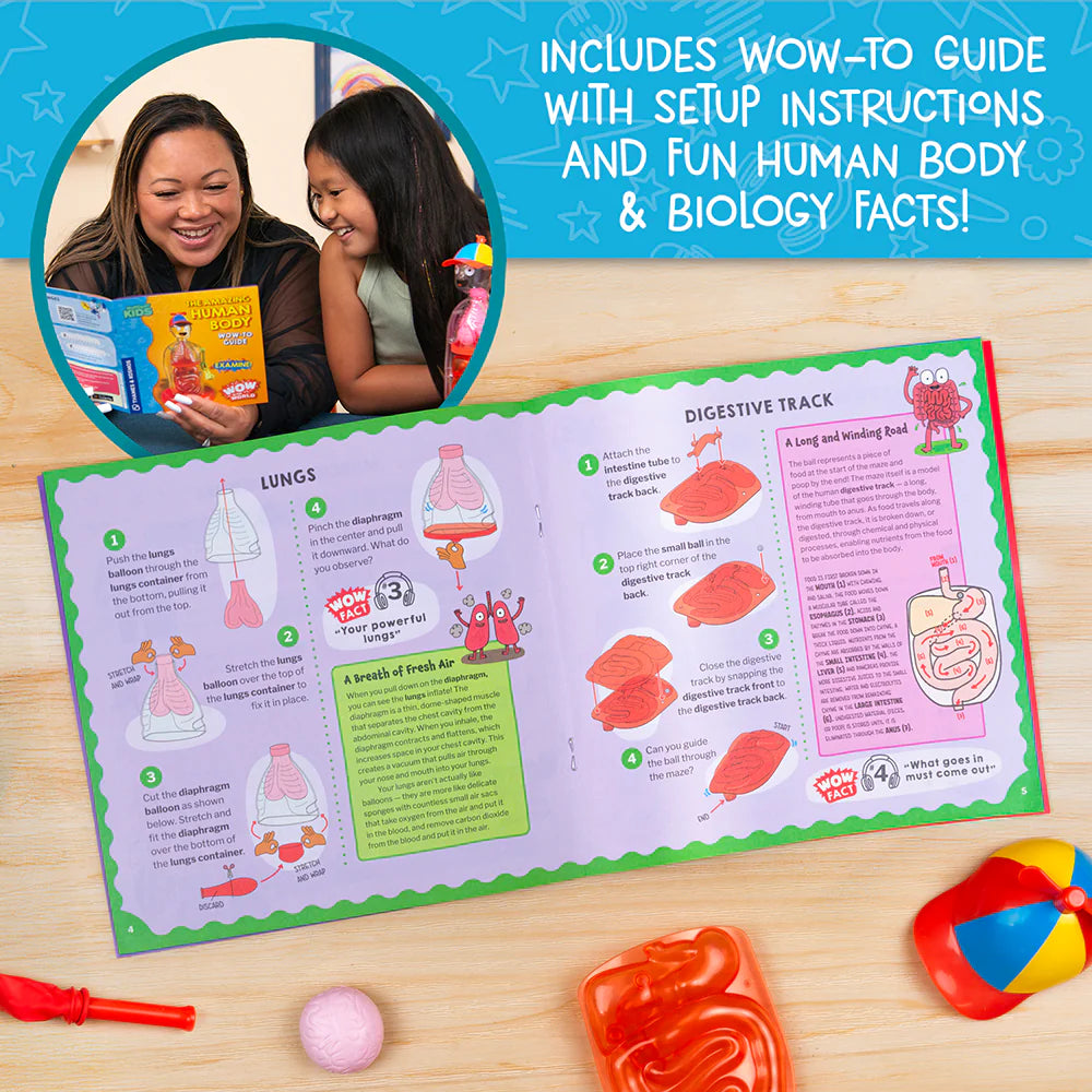 Open colorful educational manual featuring lung and digestive system diagrams with playful illustrations and text blocks