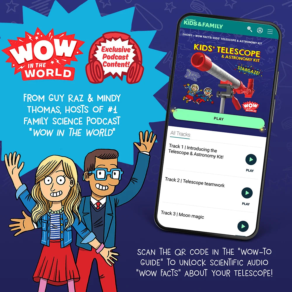 Kids' Telescope & Astronomy Kit promotional graphic with Wow in the World science podcast and audio guide smartphone