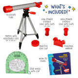 Kids' Telescope & Astronomy Kit with red telescope, tripod, eyepieces, star wheel, guide, and accessories
