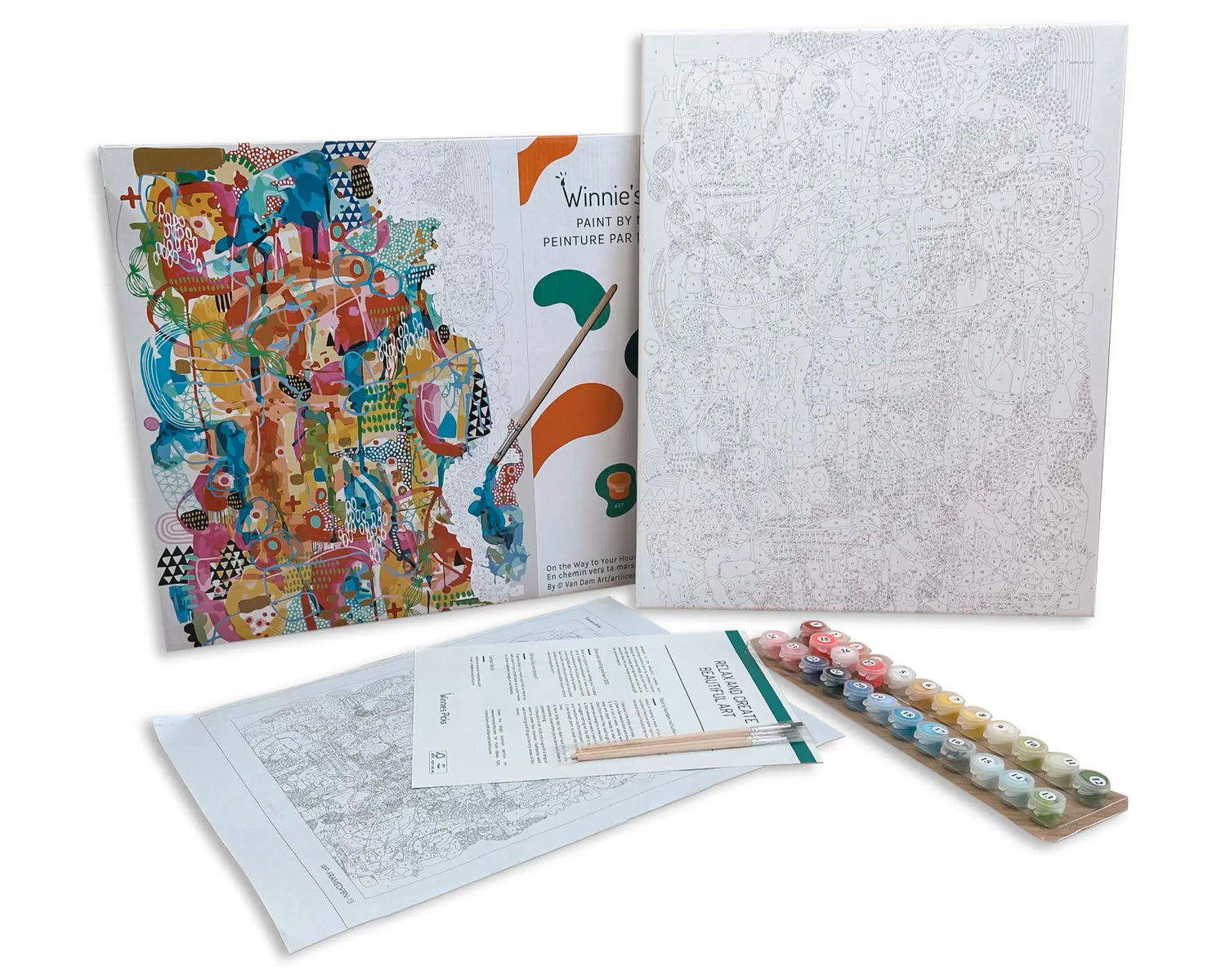 Paint by Number Muscinae kit showing canvas, detailed moss design, paint set, brushes, and instruction sheet.