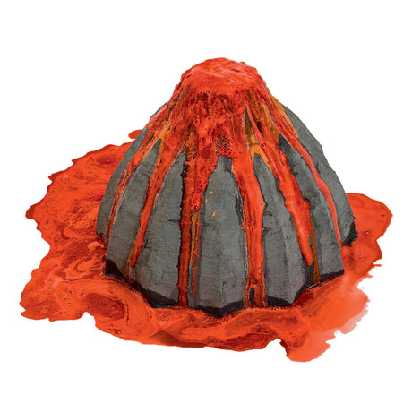 Massive Erupting Volcano model with bright red lava flowing down gray slopes simulating a volcanic eruption.