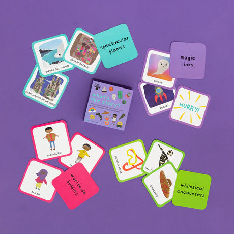 Sample cards from the game featuring bright colors and cartoon depictions of spectacular places, magic links, whimsical encounters, and worldwide buddies.