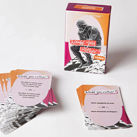 Would You Rather card game box and cards featuring funny and thought-provoking questions for family fun and conversations