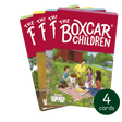 Stack of four The Boxcar Children story cards showing children with a dog having a picnic outdoors by a red boxcar