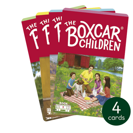 Stack of four The Boxcar Children story cards showing children with a dog having a picnic outdoors by a red boxcar