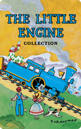 Illustration of a blue steam engine climbing a hill with children, a dog, and a clown waving from the train car.