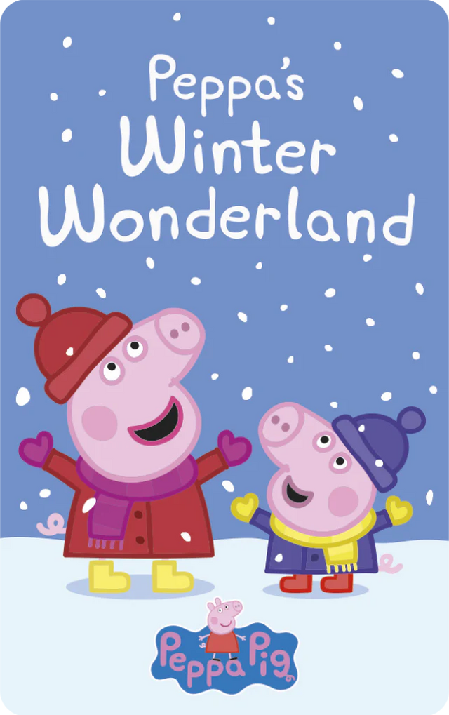 Peppa Pig and George dressed in winter clothes enjoying falling snow in Peppa's Winter Wonderland cover art