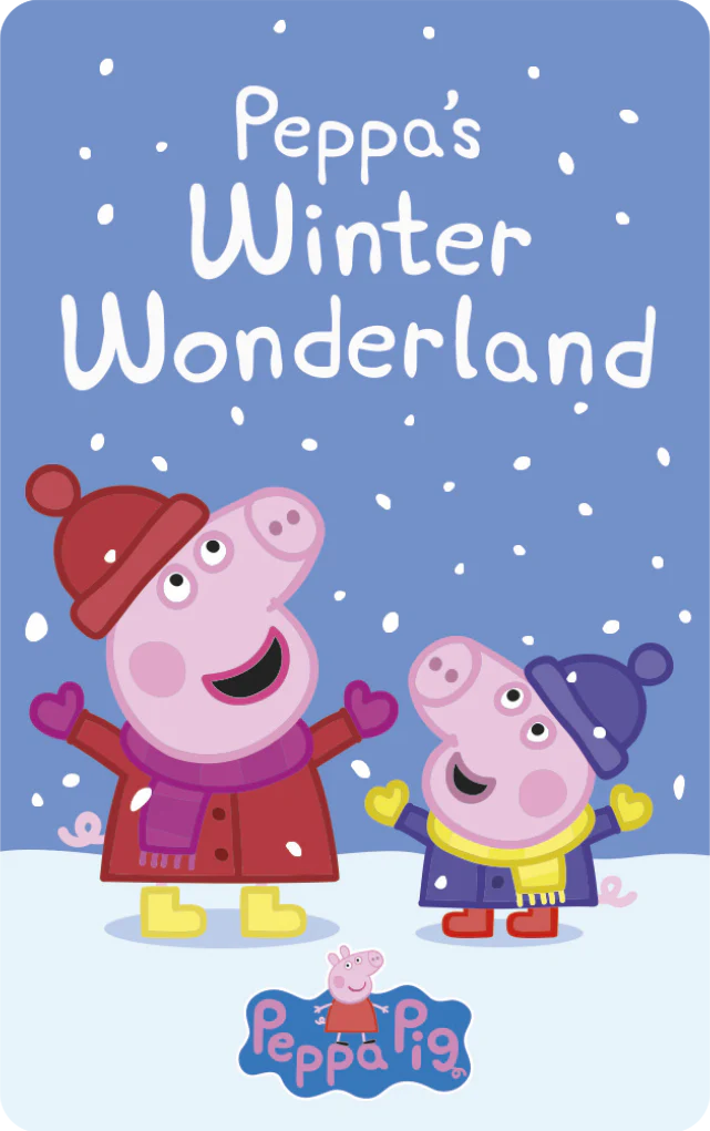 Peppa Pig and George dressed in winter clothes enjoying falling snow in Peppa's Winter Wonderland cover art