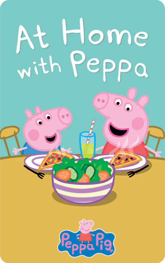 Peppa Pig and George sitting at a table enjoying pizza and salad with a glass of juice in front of them on green background