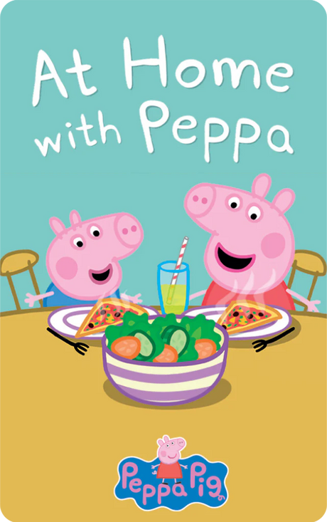 Peppa Pig and George sitting at a table enjoying pizza and salad with a glass of juice in front of them on green background