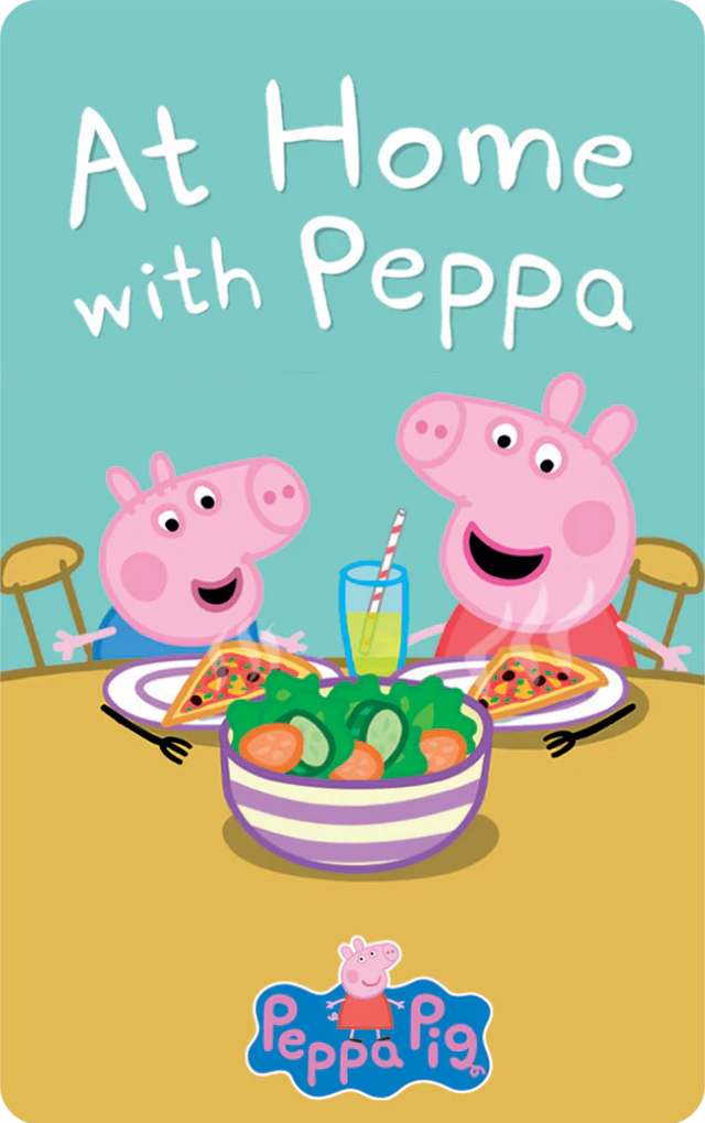 Peppa Pig and George sitting at a table enjoying pizza and salad with a glass of juice in front of them on green background