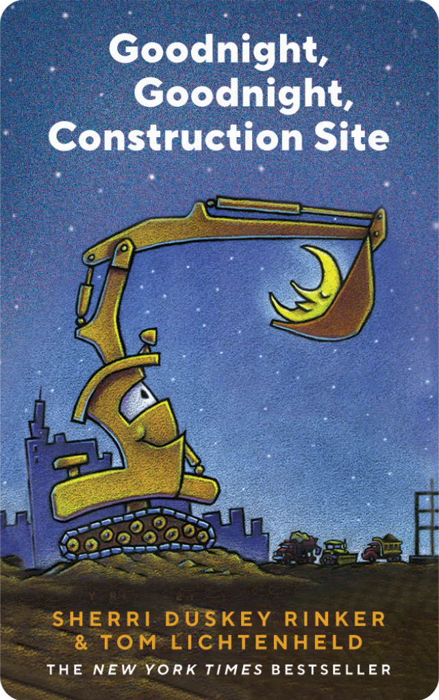Yoto | Goodnight, Goodnight, Construction Site shows a friendly excavator saying goodnight under a starry sky.