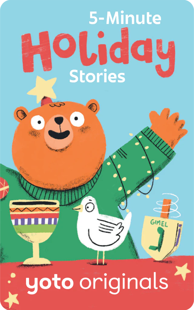Illustration of a bear in a green sweater with holiday items and text reading 5-minute holiday stories yoto originals
