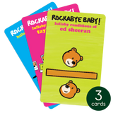 Three colorful lullaby music cards featuring teddy bears and titles for Ed Sheeran, Taylor Swift, and Beyonce songs
