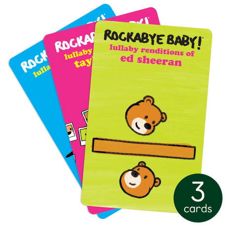 Three colorful lullaby music cards featuring teddy bears and titles for Ed Sheeran, Taylor Swift, and Beyonce songs