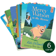 Six illustrated Mercy Watson story cards featuring the adventurous pig in colorful scenes for young readers ages 5 to 8.