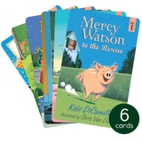 Six illustrated Mercy Watson story cards featuring the adventurous pig in colorful scenes for young readers ages 5 to 8.