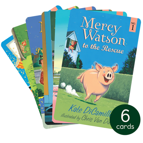 Six illustrated Mercy Watson story cards featuring the adventurous pig in colorful scenes for young readers ages 5 to 8.