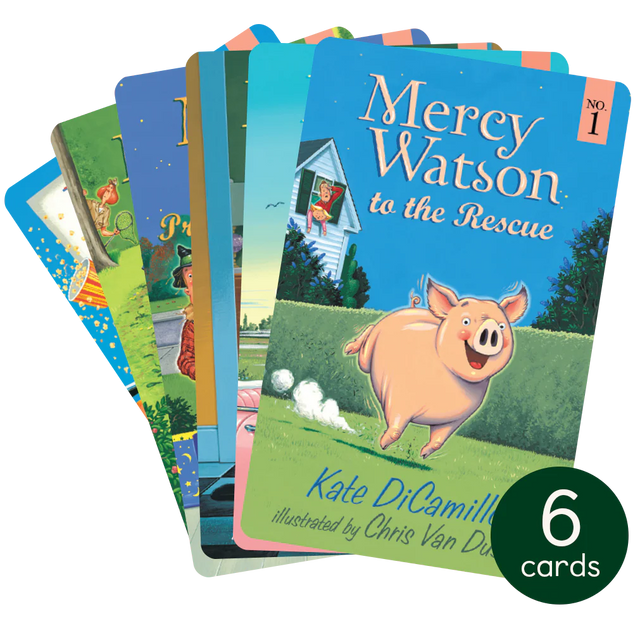 Six illustrated Mercy Watson story cards featuring the adventurous pig in colorful scenes for young readers ages 5 to 8.