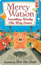 Illustration of Mercy Watson pig jumping between cars at a drive-in theater with popcorn and soda spilling around