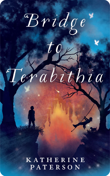 Silhouettes of children playing near a glowing magical forest with the title Bridge to Terabithia above them
