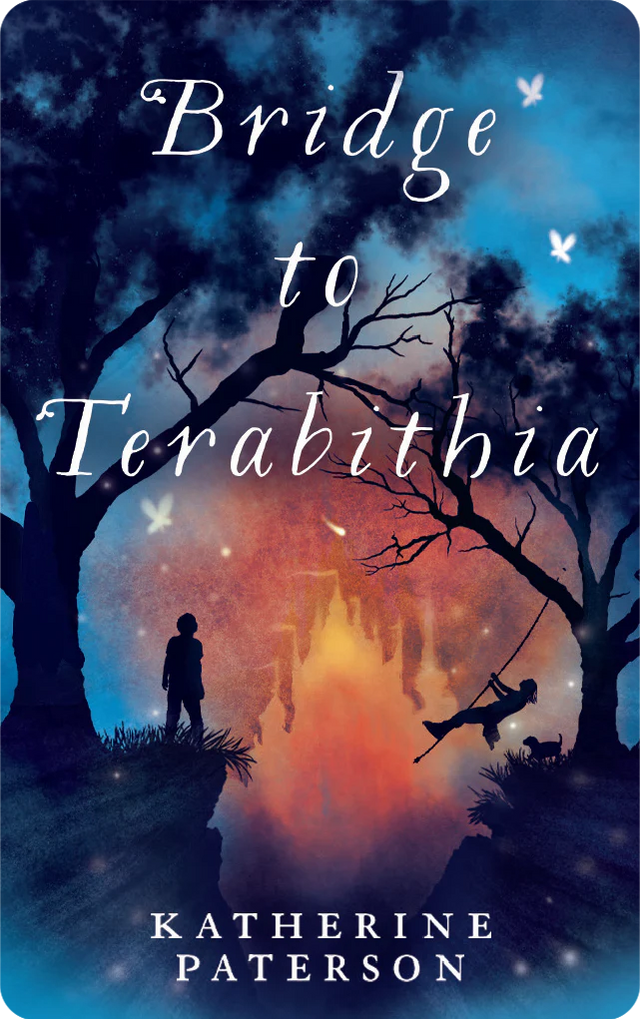 Silhouettes of children playing near a glowing magical forest with the title Bridge to Terabithia above them