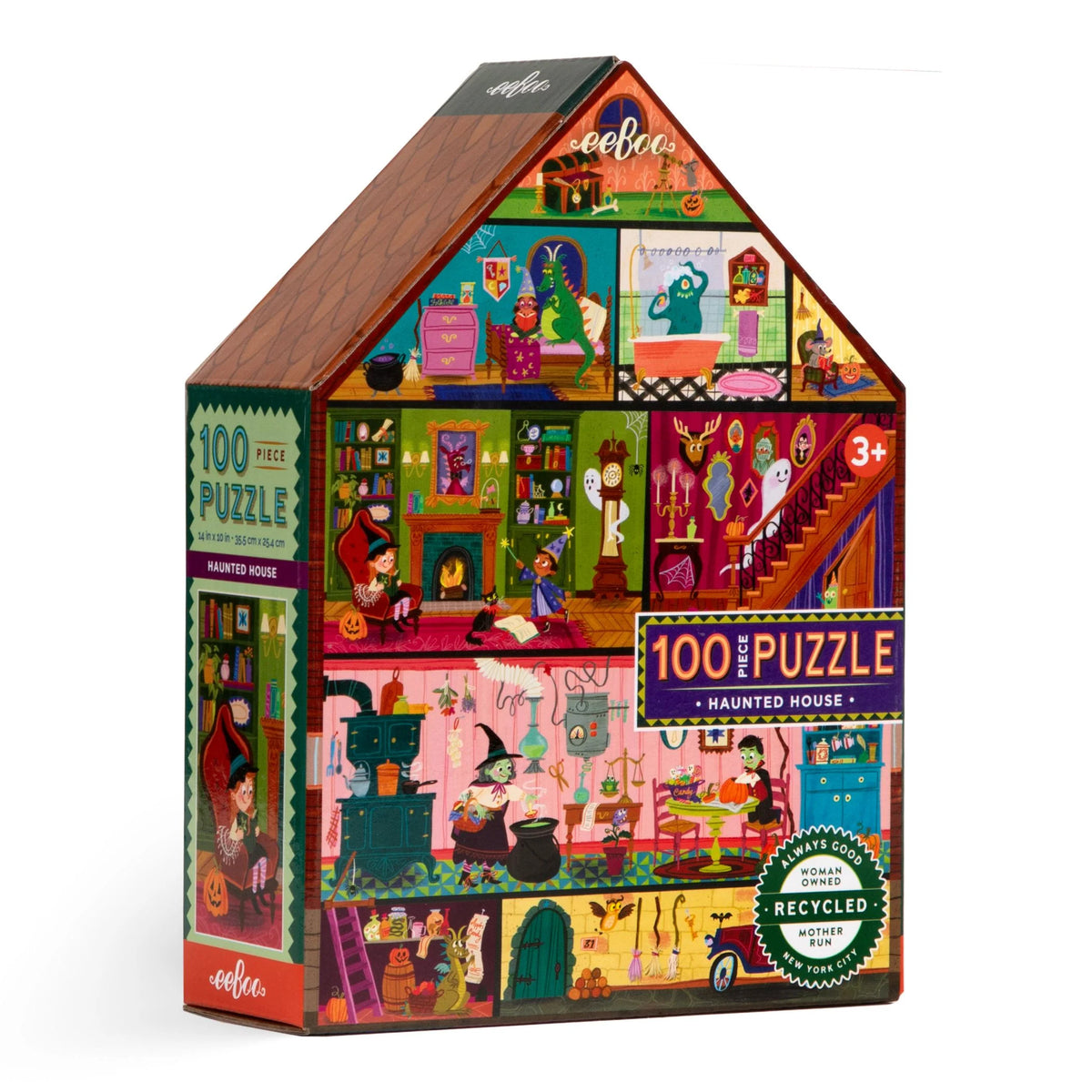 100pc Haunted House Puzzle featuring a colorful haunted dollhouse scene with spooky rooms and playful characters