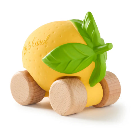 Eco-friendly baby car toy shaped like a lemon with natural wood wheels and green leaf details for sensory play.