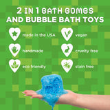 Hand holding a blue bath bomb melting with bubbles, highlighting eco friendly and cruelty free features.