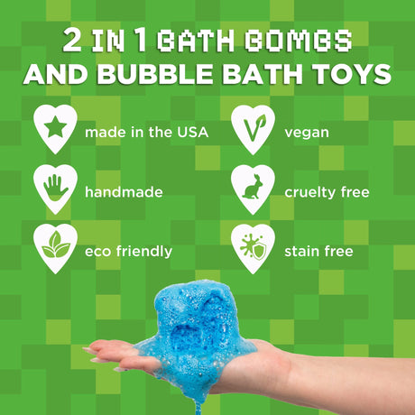 Hand holding a blue bath bomb melting with bubbles, highlighting eco friendly and cruelty free features.
