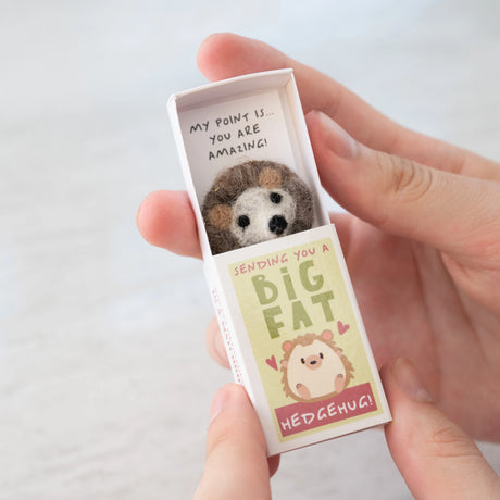 Sending You a Hedgehug Matchbox showing a handmade wool felt hedgehog and a card saying you are amazing.