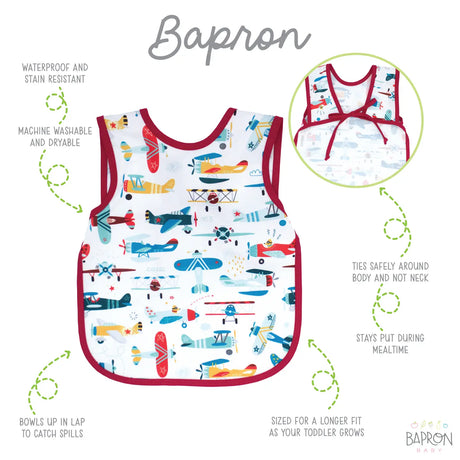 Bapron | Retro Airplanes 6M-3T featuring waterproof, stain-resistant toddler bib apron with playful airplane design and secure ties.