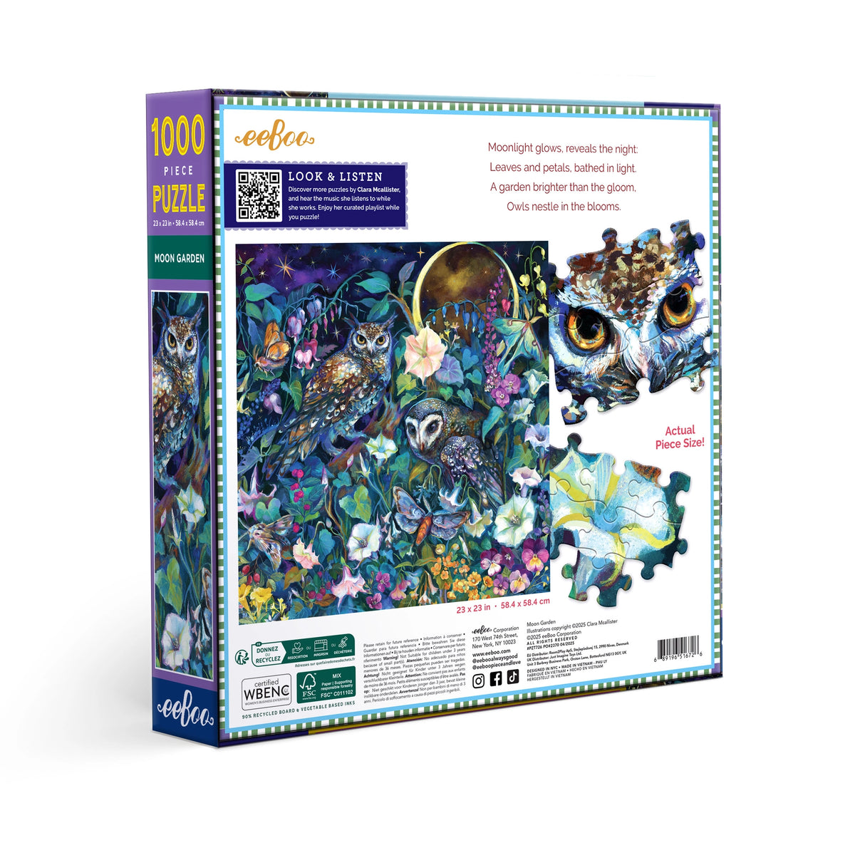 1000-piece puzzle box showing a vibrant night garden with owls, blooming flowers, and glowing moonlight details